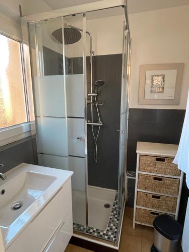 La salle de bains est pourvue d'une douche et d'un lavabo. dans l'établissement front de mer plage de la Nartelle sainte maxime FRANCE ****, à Sainte-Maxime