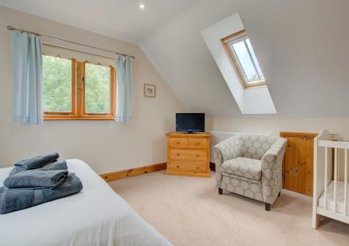 特斯佛特的住宿－Foden Lodge，一间卧室配有一张床、一把椅子和电视