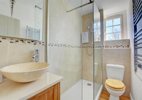 a bathroom with a sink and a toilet and a shower at Lavender Cottage in North Creake