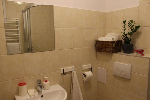 a bathroom with a sink and a mirror at Dom św. Józefa in Szczecin