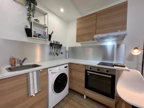 une cuisine avec un évier et une machine à laver dans l'établissement Appartement cosy à Toulouse, à Toulouse