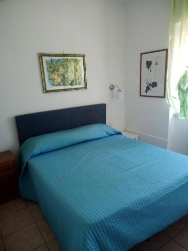 un letto con copriletto blu in una camera da letto di Fiuggi Appartamento Turistico a Fiuggi