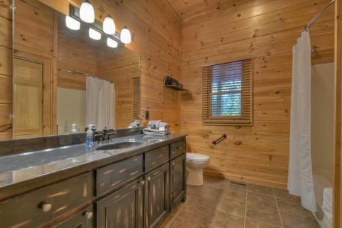 baño con lavabo y aseo en una cabaña de madera en Mountain Solace w Mtn Views Paved Roads Hot Tub, en Blue Ridge
