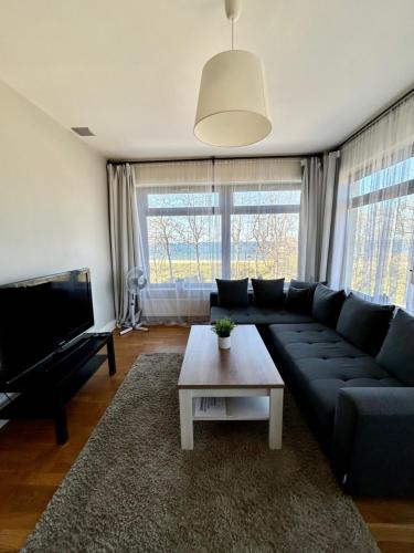 a living room with a blue couch and a table at Peperino in Gdańsk