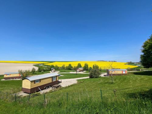 una pequeña casa en un campo de flores amarillas en Nuits Insolites d Argonne, en Varimont