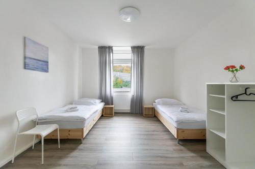 埃森的住宿－T&K Apartments - 1-3 Zimmer Apartments - Essen，客房设有两张床和窗户。