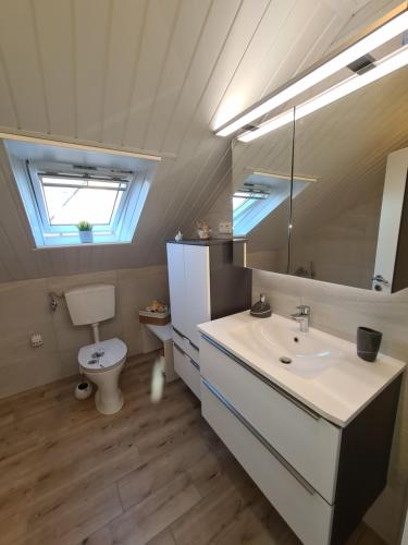 uma casa de banho com um lavatório, um WC e um espelho. em Heimathafen em Wilhelmshaven