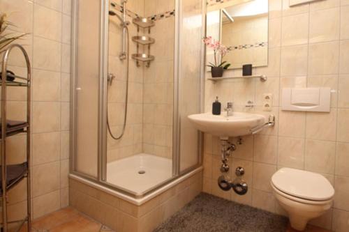 ein Bad mit einer Dusche, einem WC und einem Waschbecken in der Unterkunft Wohnpark Strandstraße App 13 in Wustrow