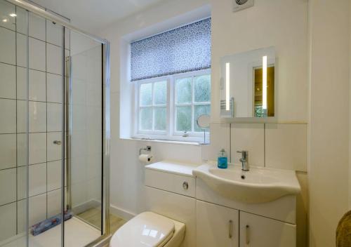 a bathroom with a toilet and a sink and a shower at Rose Cottage - West Runton in West Runton
