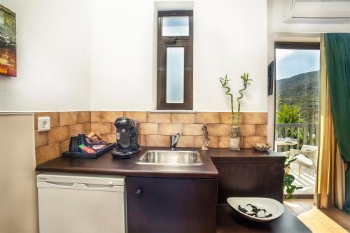 uma cozinha com um lavatório e uma bancada em Hotel Porto Diakofti em Diakofti