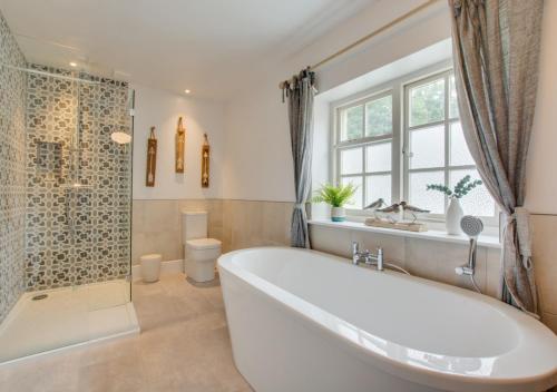 a bathroom with a tub and a shower and a toilet at The Bailey in Holt