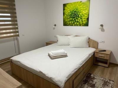 Schlafzimmer mit einem Bett mit grünem Bild an der Wand in der Unterkunft Casa Milla in Sovata
