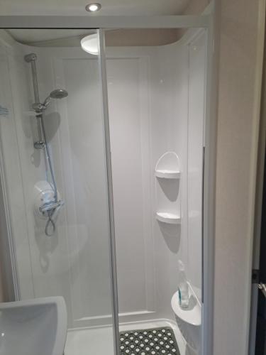 a bathroom with a shower and a toilet and a sink at Withernsea luxury caravan hire in Waxholme