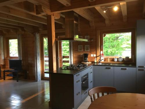 eine Küche mit einem Herd und einem Tisch im Zimmer in der Unterkunft Au bord du lac III in Montigny-en-Morvan