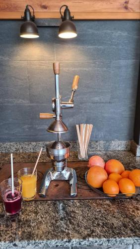 a kitchen sink with oranges and a juicer and a plate of fruit at Хвоя - комплекс відпочинку in Boryspilʼ