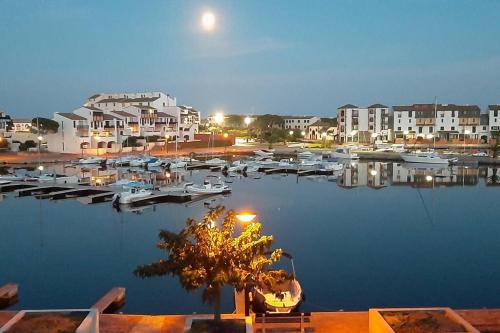 un groupe de bateaux dans un port de plaisance la nuit dans l'établissement Le bonheur entre Lac et Mer, au Barcarès