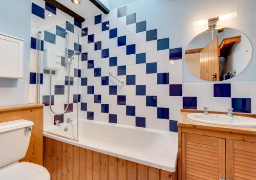 a bathroom with a blue and white checkered wall at Tones Cottage in Great Ryburgh