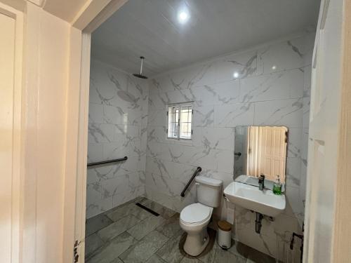 a bathroom with a white toilet and a sink at Stunning 4-Bed Villa in Gros Islet St Lucia in Bois dʼOrange