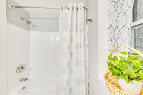 a bathroom with a white shower curtain and a plant at Walk to Downtown Albany Ten Broeck Triangle Apt! in Albany