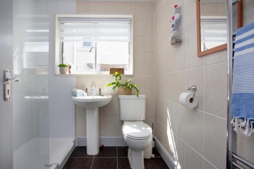 La salle de bains est pourvue de toilettes, d'un lavabo et d'une fenêtre. dans l'établissement Orchard Cottage, à Sidmouth