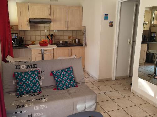 un salon avec un canapé et une cuisine dans l'établissement studio centre ville proche mer, à Vallauris