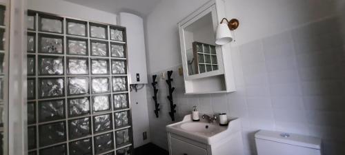 a bathroom with a sink and a toilet and a mirror at Villa Gitta in Vela Luka