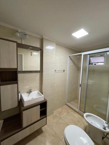 La salle de bains est pourvue d'un lavabo et d'une douche. dans l'établissement Regia Apartamentos Posadas, à Posadas