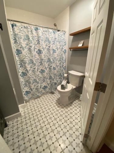 een badkamer met een toilet en een douchegordijn bij Hickory House on the Chesapeake Bay! in Saint Leonard