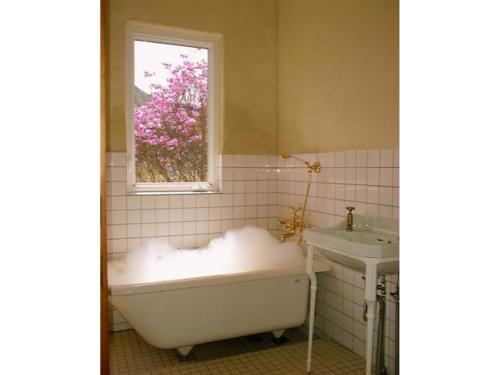 bagno con vasca, lavandino e finestra di Gasthof Ami - Vacation STAY 96492v a Nikko