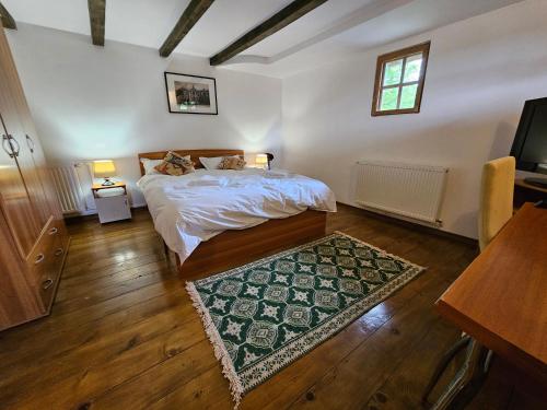 a bedroom with a bed and a green rug at Casa cu Turn in Sărata-Monteoru