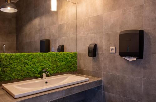 a bathroom with a sink and a green wall at Domki drewniane na Spławiu nad morzem in Darłowo