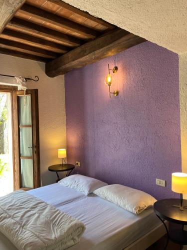 a bedroom with a bed with a purple wall at Agriturismo Monte Gusciani in Massa Marittima