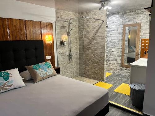 a bedroom with a large bed and a shower at Miki Miki House in Fare