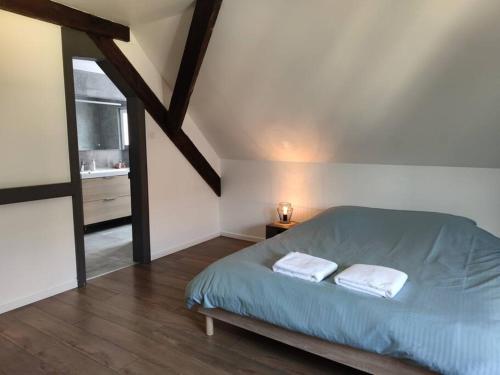 - une chambre avec un lit et 2 serviettes dans l'établissement Beau duplex au pied des Vosges, à Uffholtz