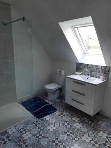 łazienka z toaletą, umywalką i oknem dachowym w obiekcie Breizh Horizon w mieście Tréméven