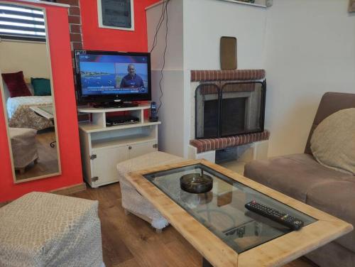 ein Wohnzimmer mit einem Sofa und einem TV in der Unterkunft Harmony Sophie's in Néon Rýsion