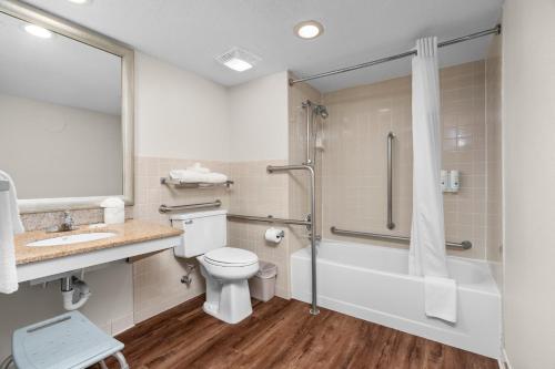 a bathroom with a toilet and a sink and a shower at Quality Inn & Suites Mall of America - MSP Airport in Bloomington