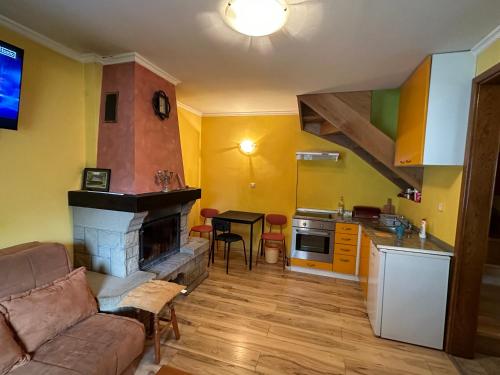 uma cozinha e sala de estar com um sofá e uma lareira em Diplomat em Divčibare