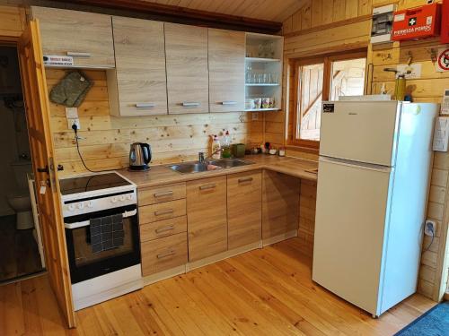 uma pequena cozinha com um frigorífico e um lavatório em Siedlisko nr 2 nad jeziorem Skarlińskim, jezioro, mazury, domki letniskowe em Kurzetnik