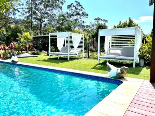 two dogs are sitting next to a swimming pool at La Rochér Eco Retreat in Stokers Siding