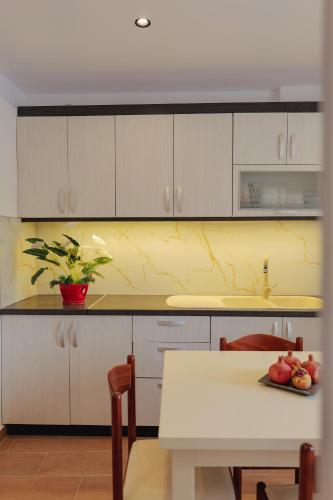 a kitchen with white cabinets and a table with a potted plant at Villa Abedini in Ksamil