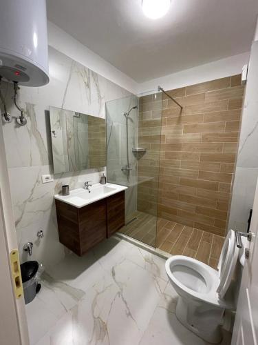 a bathroom with a toilet and a sink and a shower at Soleil Summer Apartments in Golem