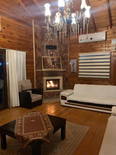 a living room with a couch and a fireplace at Saklı Cennet Esadiye in Esadiye