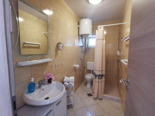 Un baño con lavabo, inodoro y espejo. en Apartment Punat 5378b, en Punat