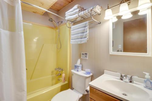 y baño con aseo, lavabo y ducha. en Poconos Vacation Rental 6 Mi to Lake Wallenpaupack, en Lake Ariel