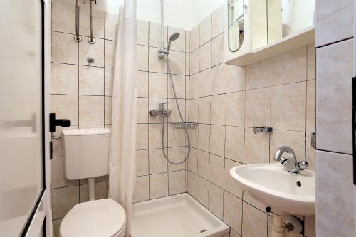 ein Bad mit einer Dusche, einem WC und einem Waschbecken in der Unterkunft Studio Duce 946b in Duće