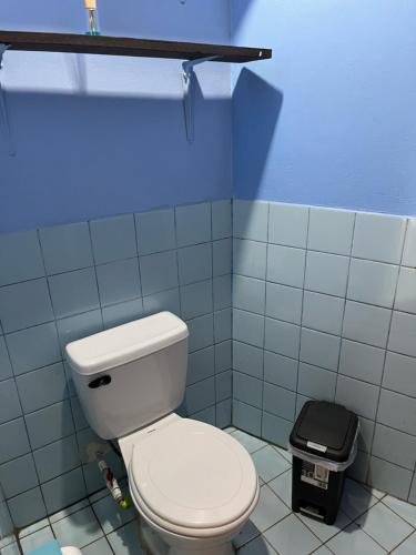 a bathroom with a white toilet and a blue wall at El mochilero in Cartago