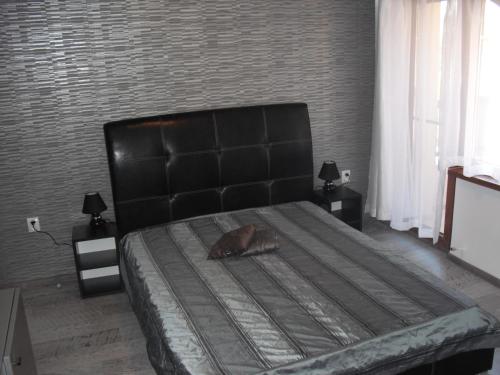 a cat laying on a bed in a bedroom at Family Hotel Malibu in Chernomorets