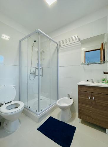 Un baño con ducha, inodoro y lavabo. en Altos de Cervantes, en Ushuaia