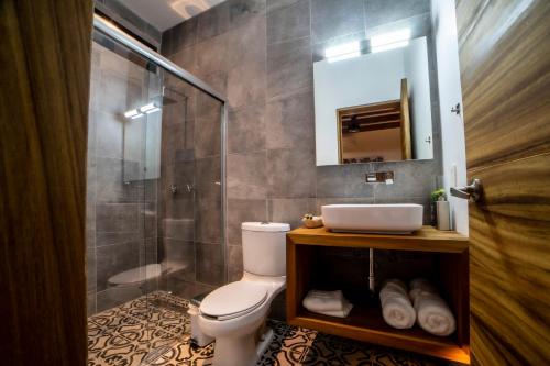 y baño con aseo, lavabo y ducha. en Villa Guadalupe en Chapala